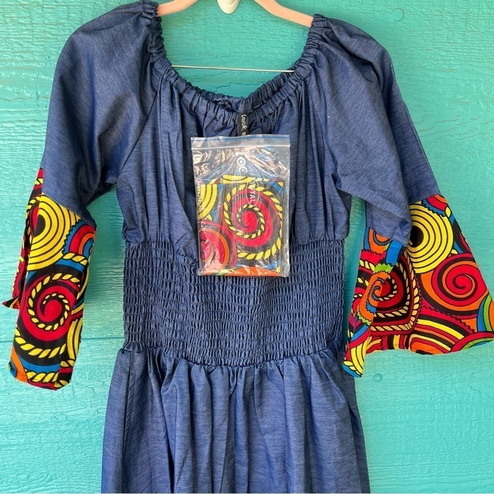 DENIM SMOCKED FIESTA MAXI DRESS SIZE LARGE LIGHTWEIGHT NWT POCKETS - Picture 12 of 12